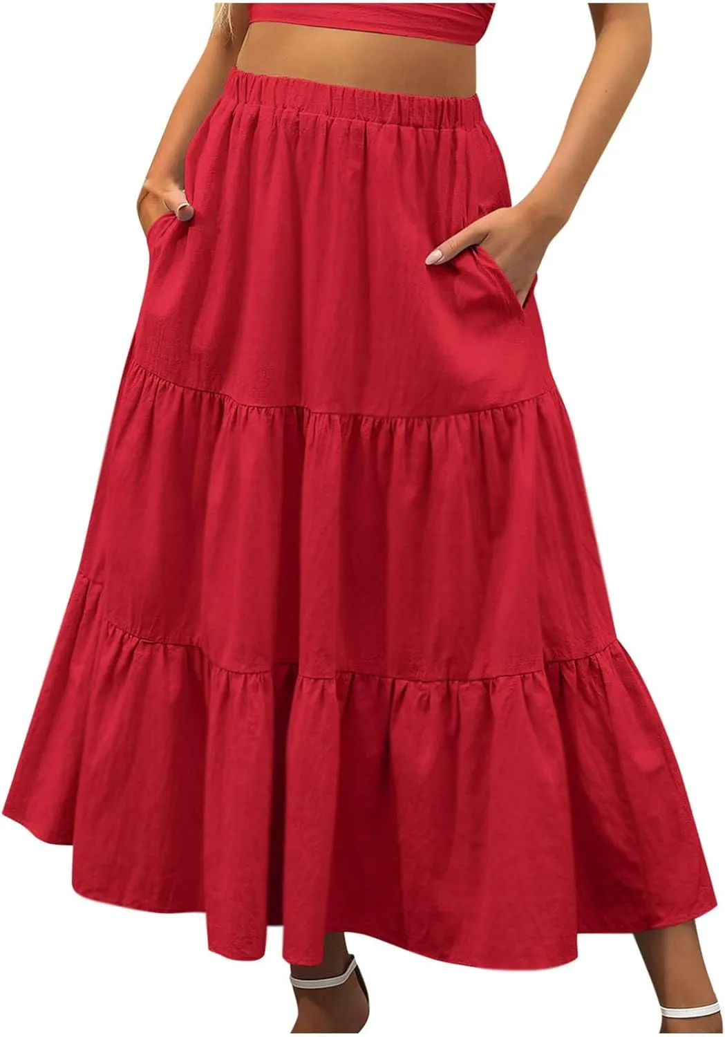 2024 Boho Maxi Skirts for Women Hight Waisted Pleated Ruffle Swing Skirts with Pockets Summer Beach Vacation Clothes