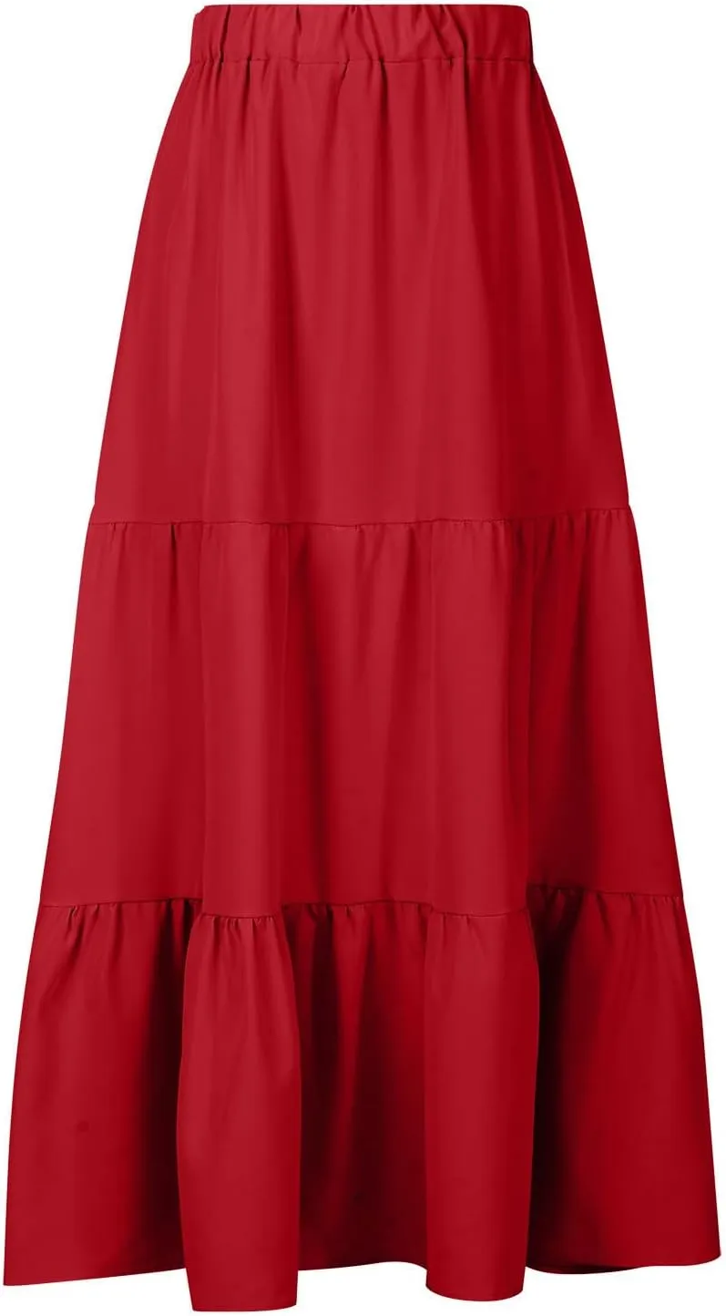 2024 Boho Maxi Skirts for Women Hight Waisted Pleated Ruffle Swing Skirts with Pockets Summer Beach Vacation Clothes