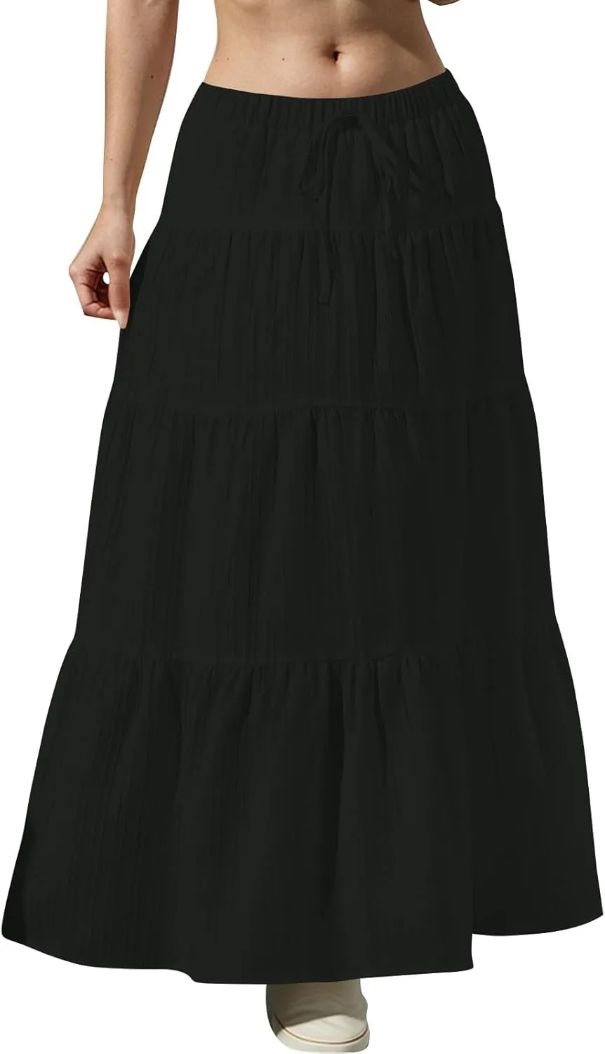 Boho Maxi Skirt for Women Summer Elastic Waist Casual Long Linen Skirts Flowy Tiered Ruffle Skirt Beach A Line Skirts