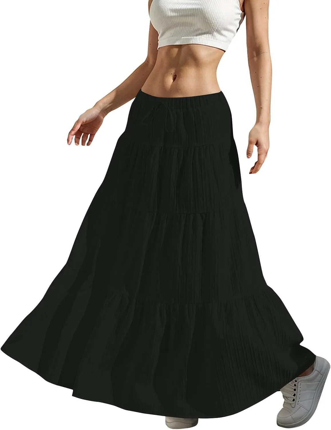 Boho Maxi Skirt for Women Summer Elastic Waist Casual Long Linen Skirts Flowy Tiered Ruffle Skirt Beach A Line Skirts