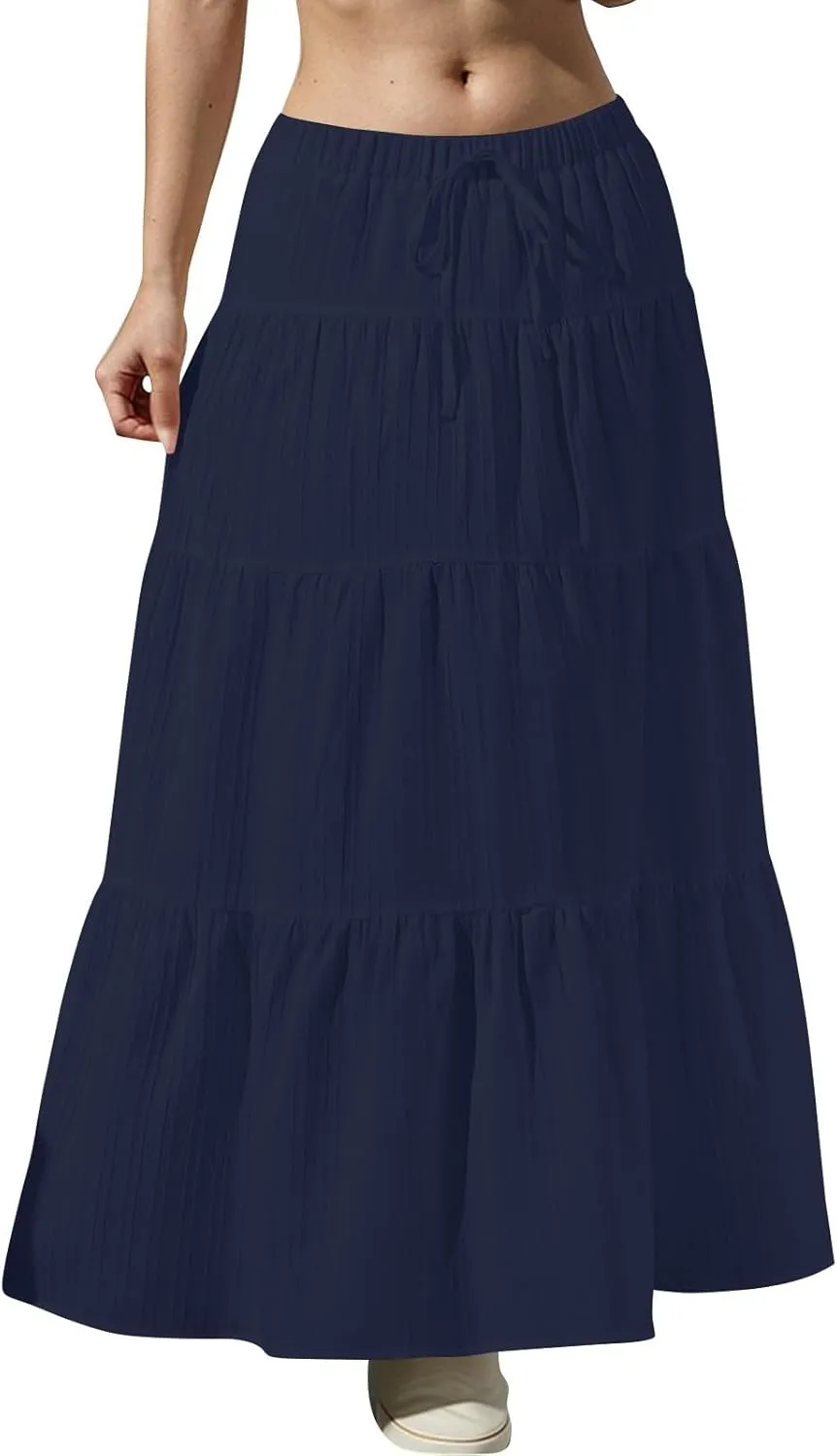 Boho Maxi Skirt for Women Summer Elastic Waist Casual Long Linen Skirts Flowy Tiered Ruffle Skirt Beach A Line Skirts