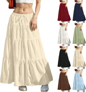 Boho Maxi Skirt for Women Summer Elastic Waist Casual Long Linen Skirts Flowy Tiered Ruffle Skirt Beach A Line Skirts