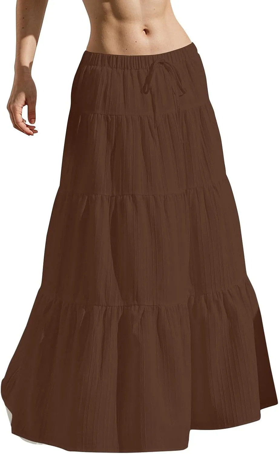 Boho Maxi Skirt for Women Summer Elastic Waist Casual Long Linen Skirts Flowy Tiered Ruffle Skirt Beach A Line Skirts