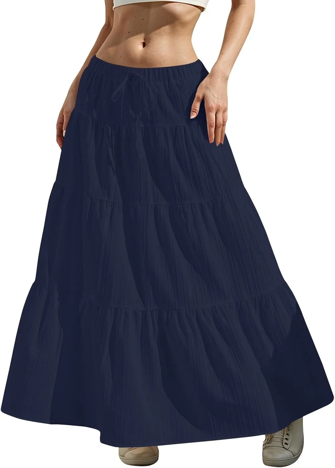Boho Maxi Skirt for Women Summer Elastic Waist Casual Long Linen Skirts Flowy Tiered Ruffle Skirt Beach A Line Skirts