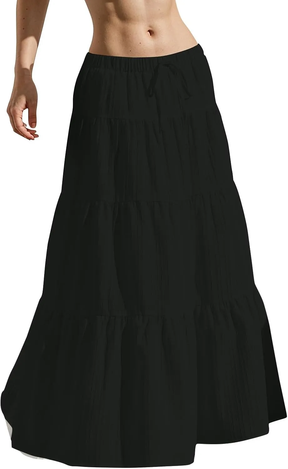 Boho Maxi Skirt for Women Summer Elastic Waist Casual Long Linen Skirts Flowy Tiered Ruffle Skirt Beach A Line Skirts