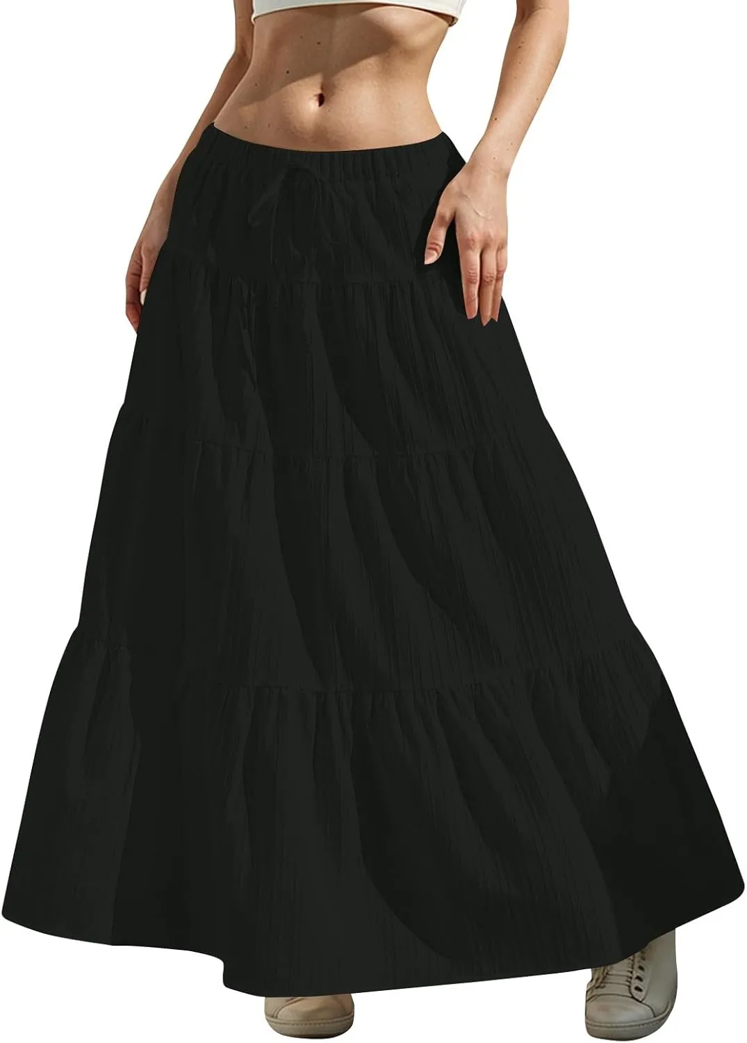 Boho Maxi Skirt for Women Summer Elastic Waist Casual Long Linen Skirts Flowy Tiered Ruffle Skirt Beach A Line Skirts