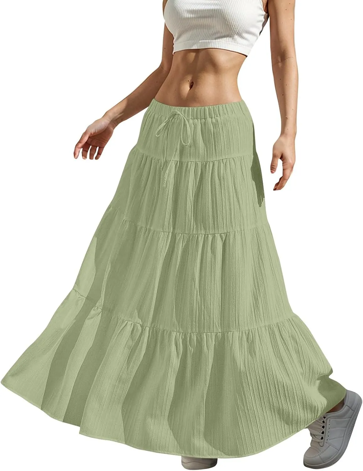 Boho Maxi Skirt for Women Summer Elastic Waist Casual Long Linen Skirts Flowy Tiered Ruffle Skirt Beach A Line Skirts