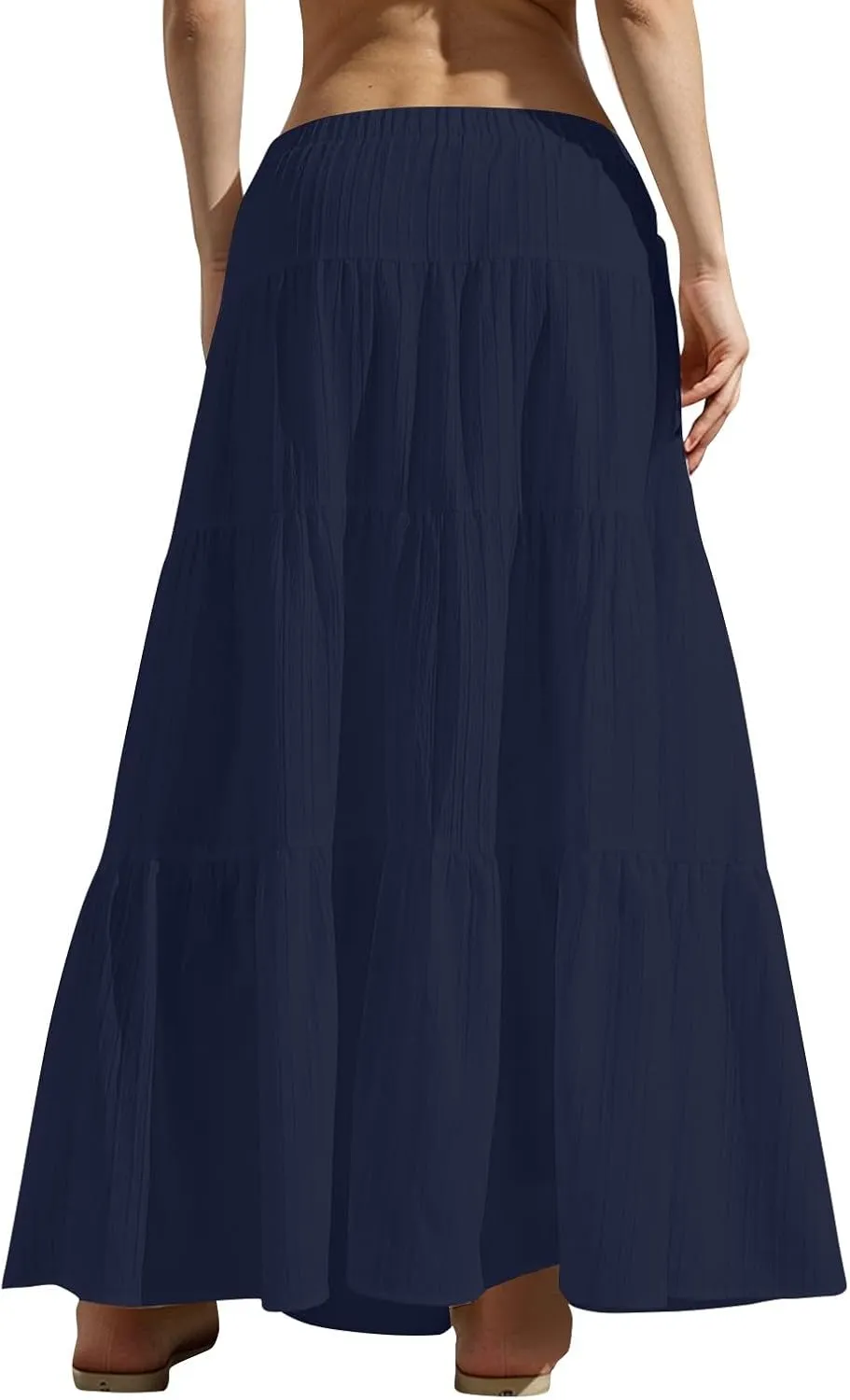 Boho Maxi Skirt for Women Summer Elastic Waist Casual Long Linen Skirts Flowy Tiered Ruffle Skirt Beach A Line Skirts