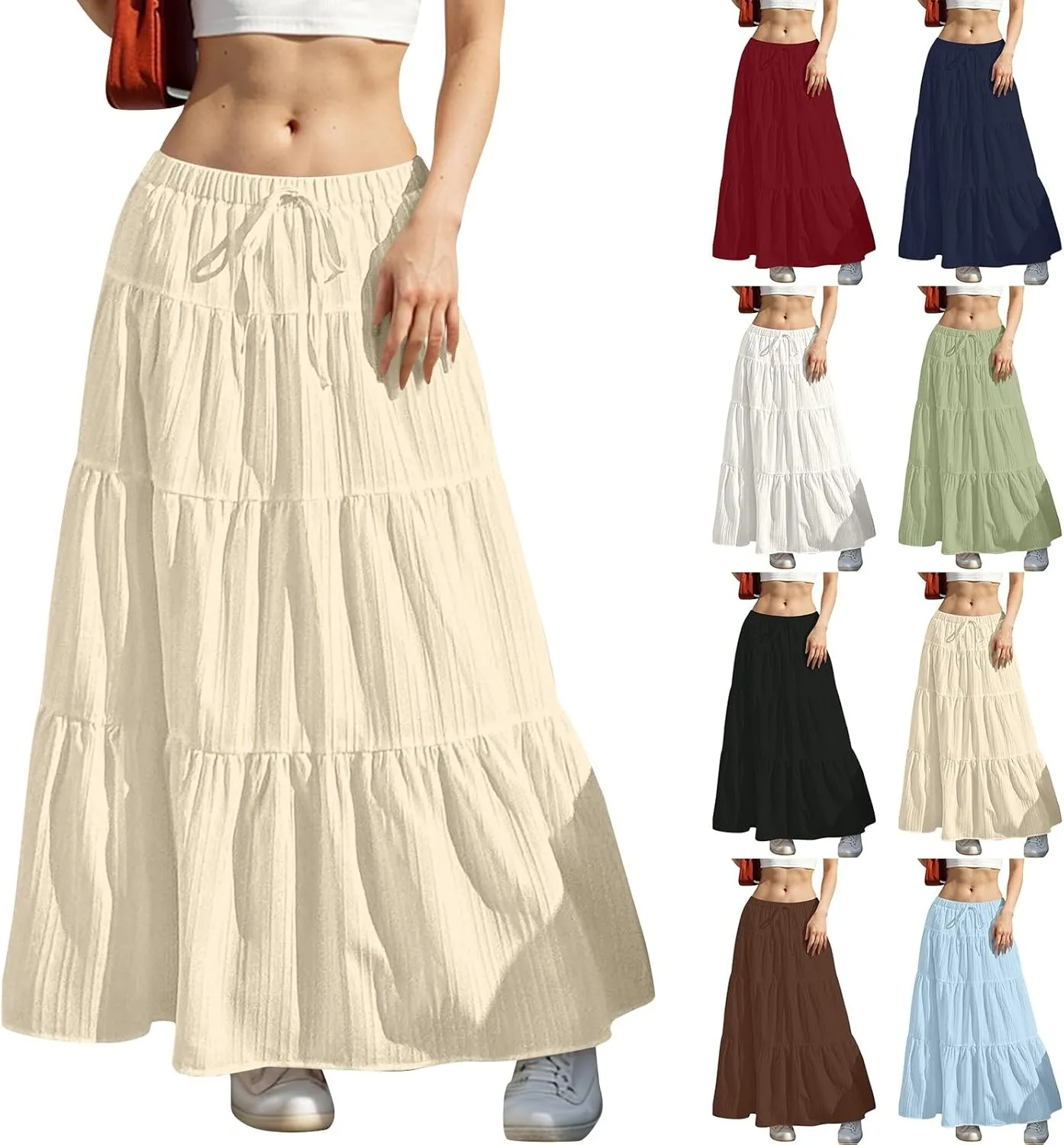Boho Maxi Skirt for Women Summer Elastic Waist Casual Long Linen Skirts Flowy Tiered Ruffle Skirt Beach A Line Skirts