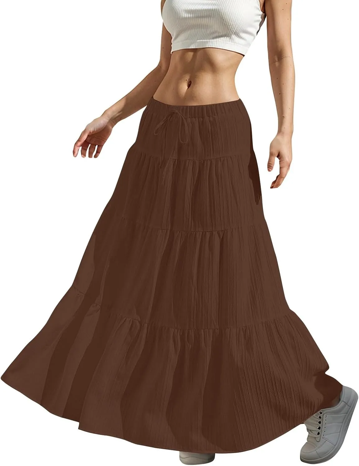 Boho Maxi Skirt for Women Summer Elastic Waist Casual Long Linen Skirts Flowy Tiered Ruffle Skirt Beach A Line Skirts