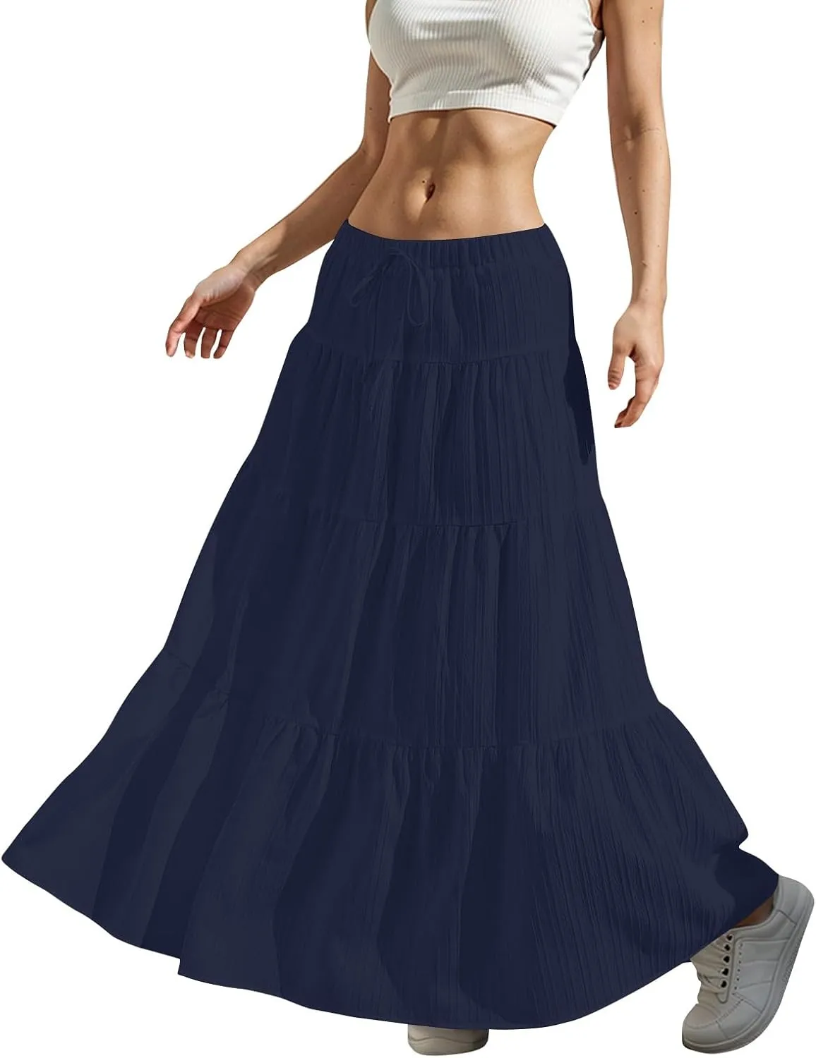 Boho Maxi Skirt for Women Summer Elastic Waist Casual Long Linen Skirts Flowy Tiered Ruffle Skirt Beach A Line Skirts
