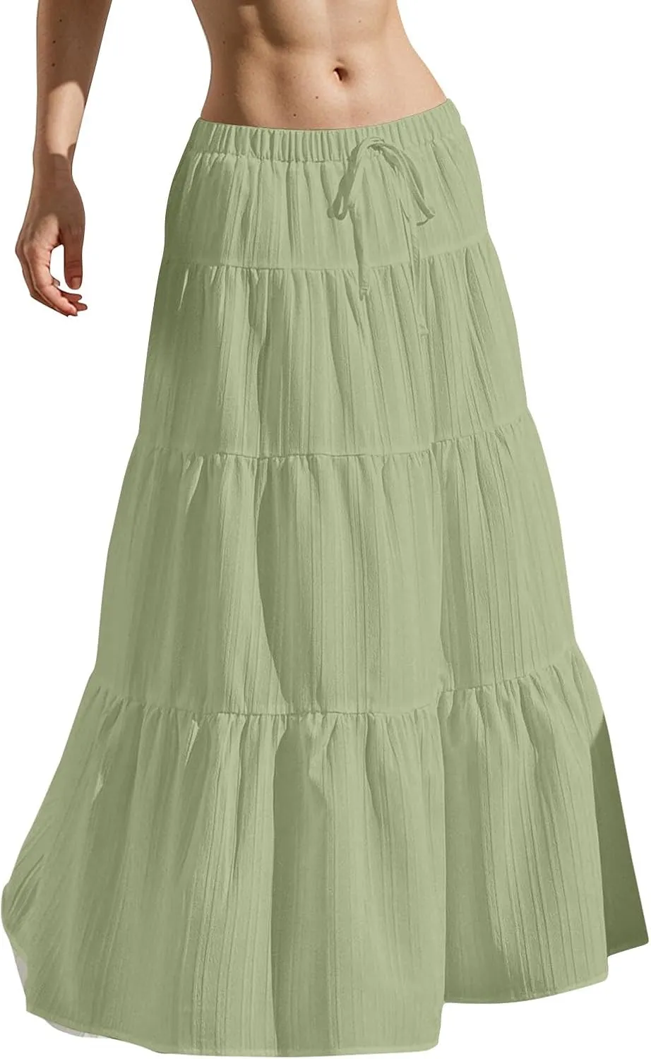 Boho Maxi Skirt for Women Summer Elastic Waist Casual Long Linen Skirts Flowy Tiered Ruffle Skirt Beach A Line Skirts