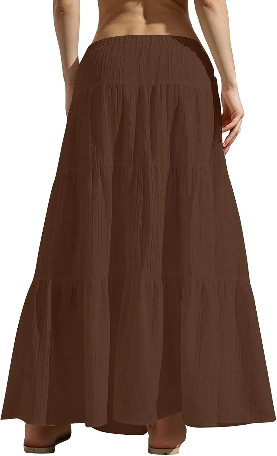 Boho Maxi Skirt for Women Summer Elastic Waist Casual Long Linen Skirts Flowy Tiered Ruffle Skirt Beach A Line Skirts