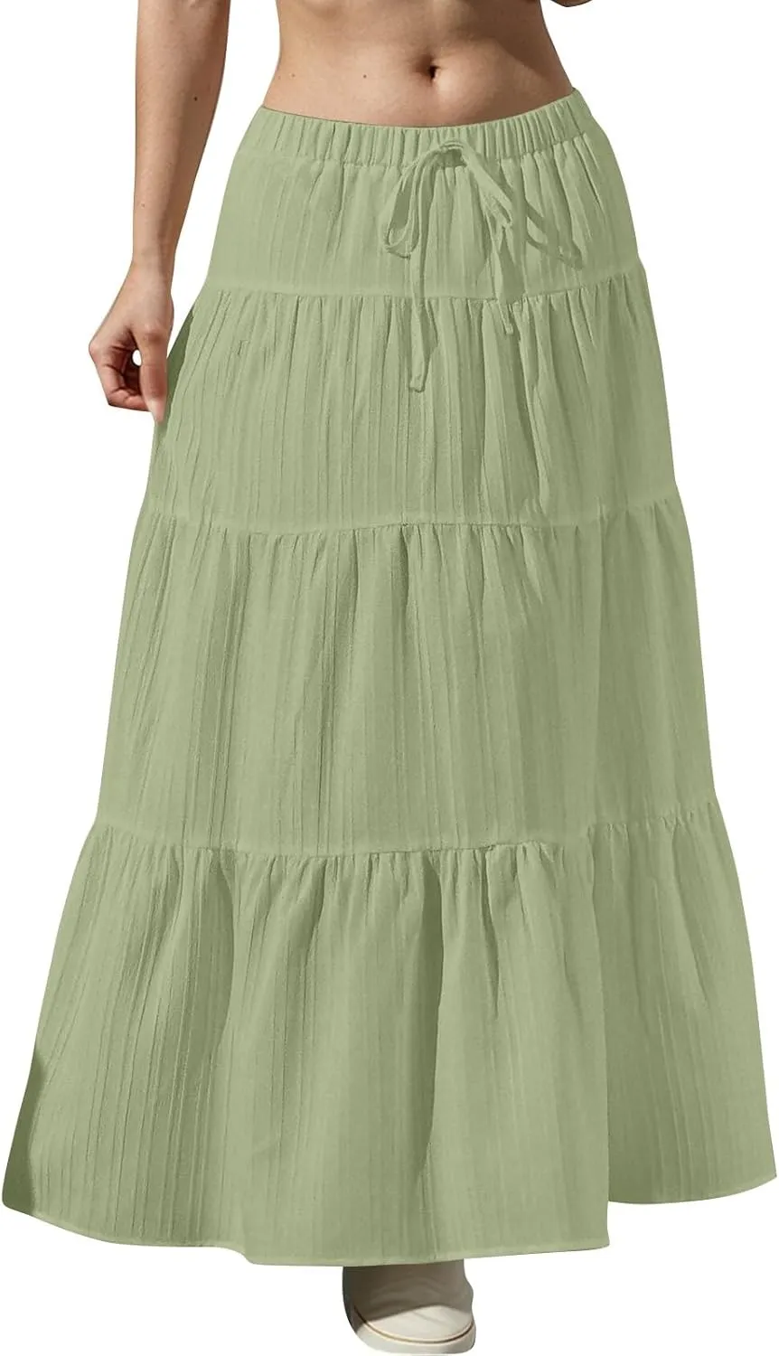 Boho Maxi Skirt for Women Summer Elastic Waist Casual Long Linen Skirts Flowy Tiered Ruffle Skirt Beach A Line Skirts