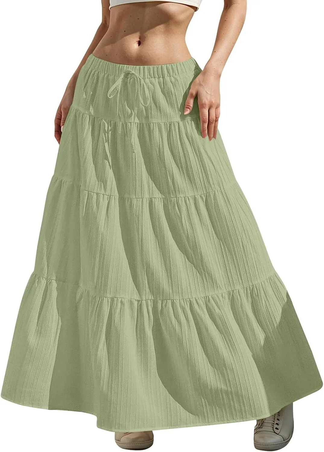 Boho Maxi Skirt for Women Summer Elastic Waist Casual Long Linen Skirts Flowy Tiered Ruffle Skirt Beach A Line Skirts