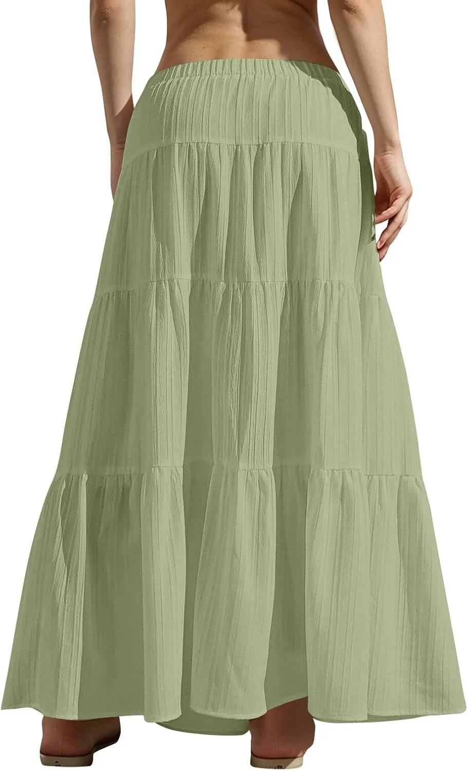 Boho Maxi Skirt for Women Summer Elastic Waist Casual Long Linen Skirts Flowy Tiered Ruffle Skirt Beach A Line Skirts