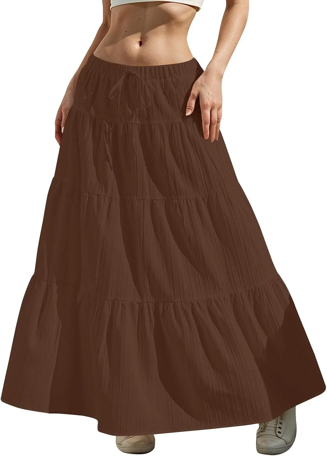 Boho Maxi Skirt for Women Summer Elastic Waist Casual Long Linen Skirts Flowy Tiered Ruffle Skirt Beach A Line Skirts
