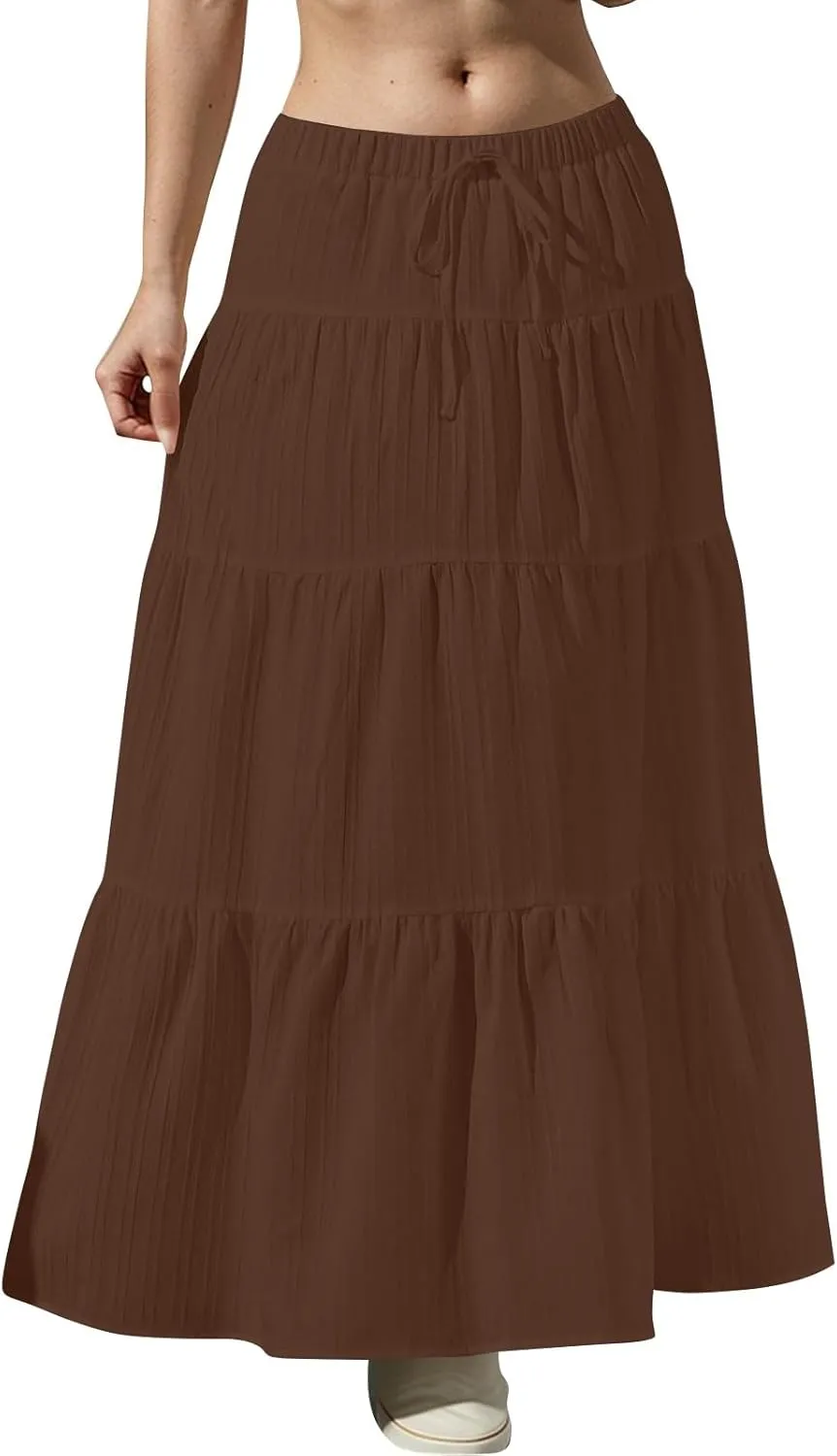Boho Maxi Skirt for Women Summer Elastic Waist Casual Long Linen Skirts Flowy Tiered Ruffle Skirt Beach A Line Skirts