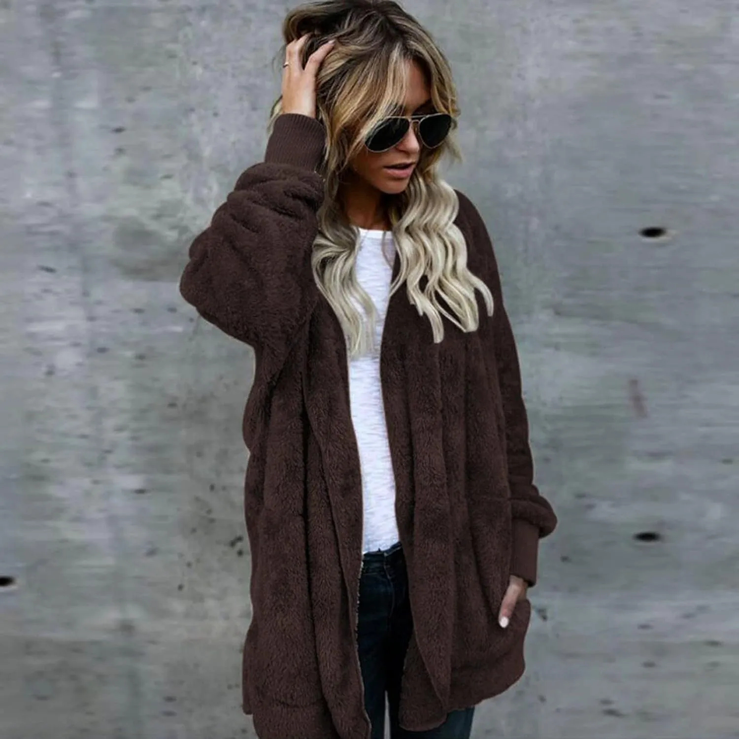 ChicCrate Womens Cardigan 2025 Winter Oversized Open Front Fleece Hooded Draped Pockets Jacket Coats
