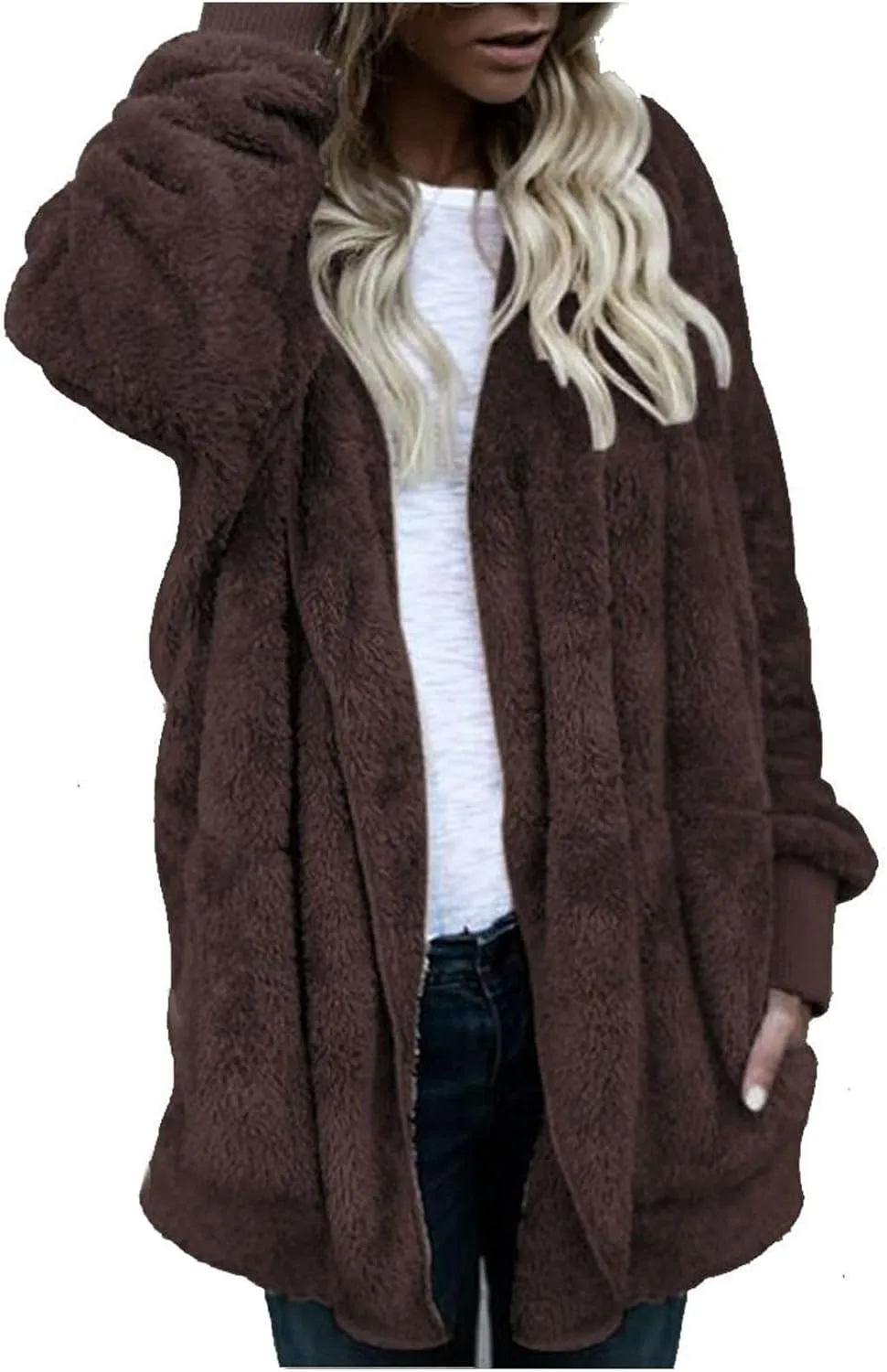 ChicCrate Womens Cardigan 2025 Winter Oversized Open Front Fleece Hooded Draped Pockets Jacket Coats