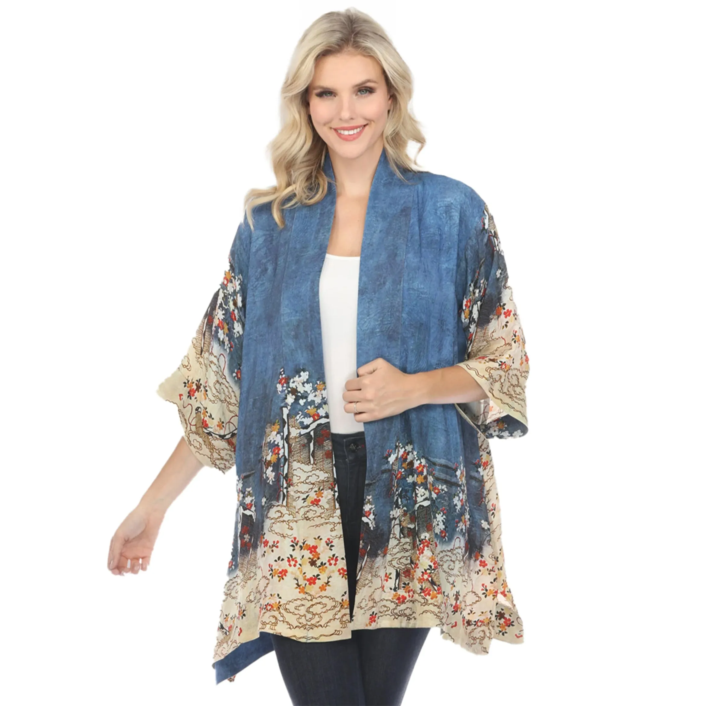 Citron Floral Art-Print Kimono in Indigo - 0917EAI