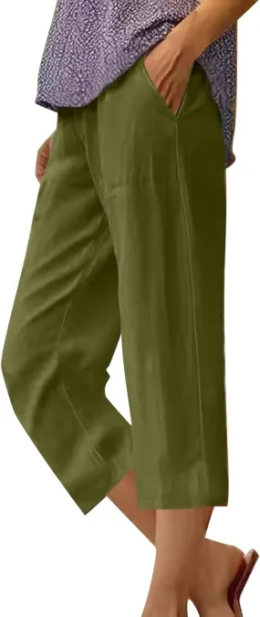Cotton Linen Capri Pants for Women 2024 Summer Casual Elastic Waisted Straight Leg Drawstring Trousers with Pocket