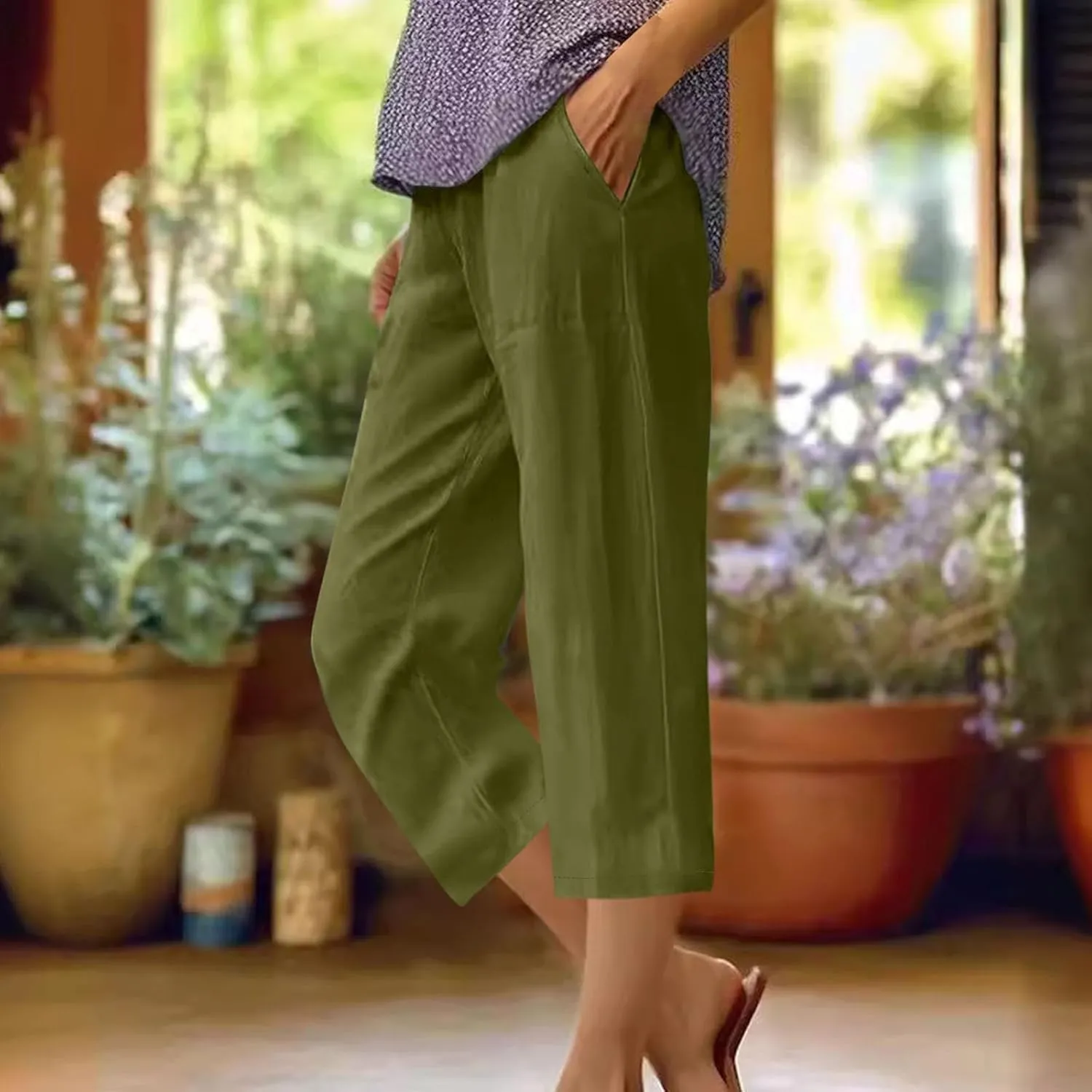 Cotton Linen Capri Pants for Women 2024 Summer Casual Elastic Waisted Straight Leg Drawstring Trousers with Pocket