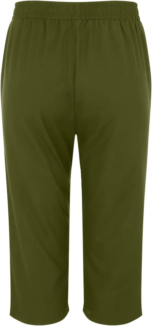 Cotton Linen Capri Pants for Women 2024 Summer Casual Elastic Waisted Straight Leg Drawstring Trousers with Pocket