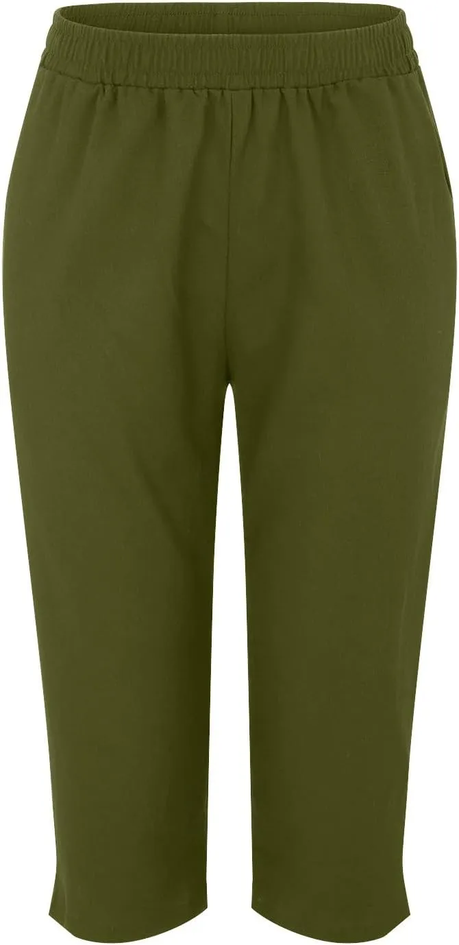Cotton Linen Capri Pants for Women 2024 Summer Casual Elastic Waisted Straight Leg Drawstring Trousers with Pocket