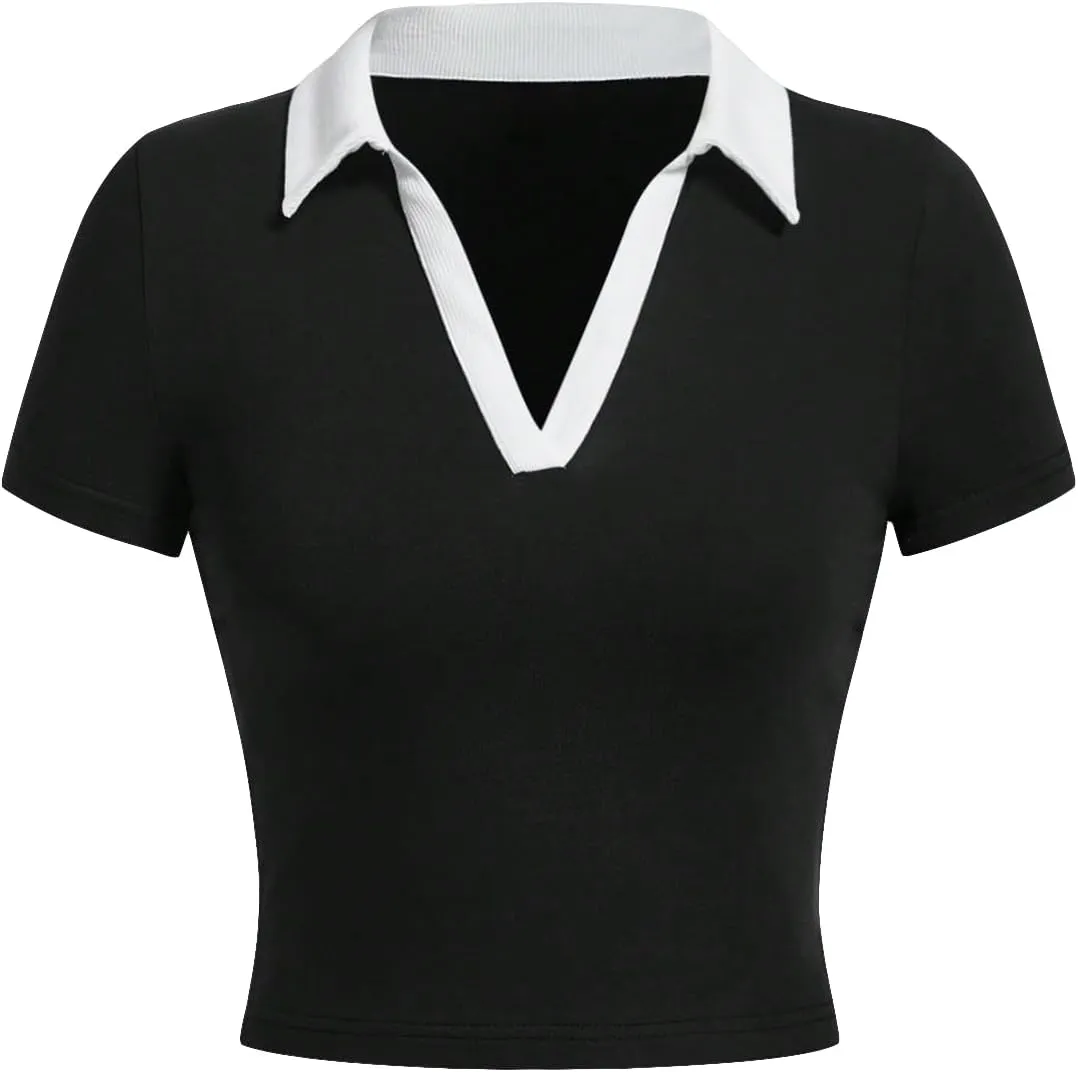 COZYEASE Women's Color Clock Preppy Collared Neck Crop Tops Preppy Style V Neck Slim Fit Crop Tee Basic Tops