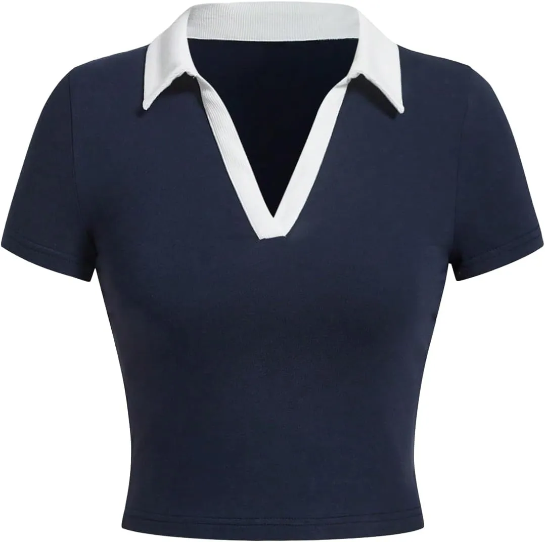 COZYEASE Women's Color Clock Preppy Collared Neck Crop Tops Preppy Style V Neck Slim Fit Crop Tee Basic Tops