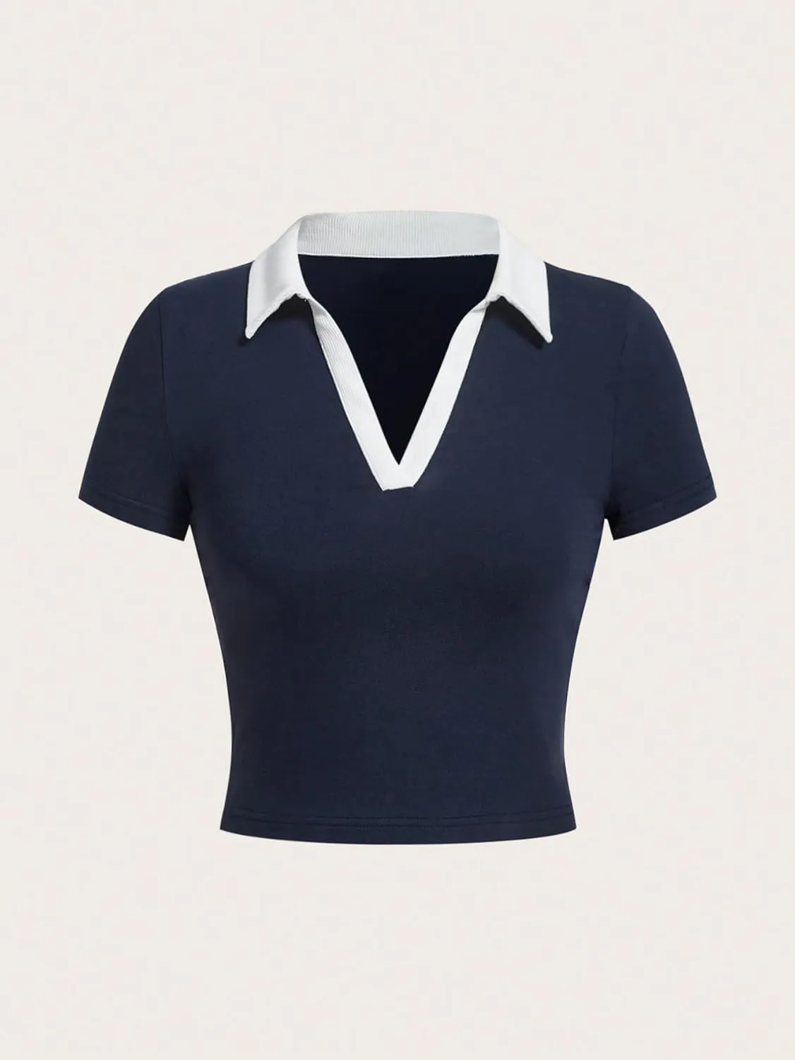 COZYEASE Women's Color Clock Preppy Collared Neck Crop Tops Preppy Style V Neck Slim Fit Crop Tee Basic Tops