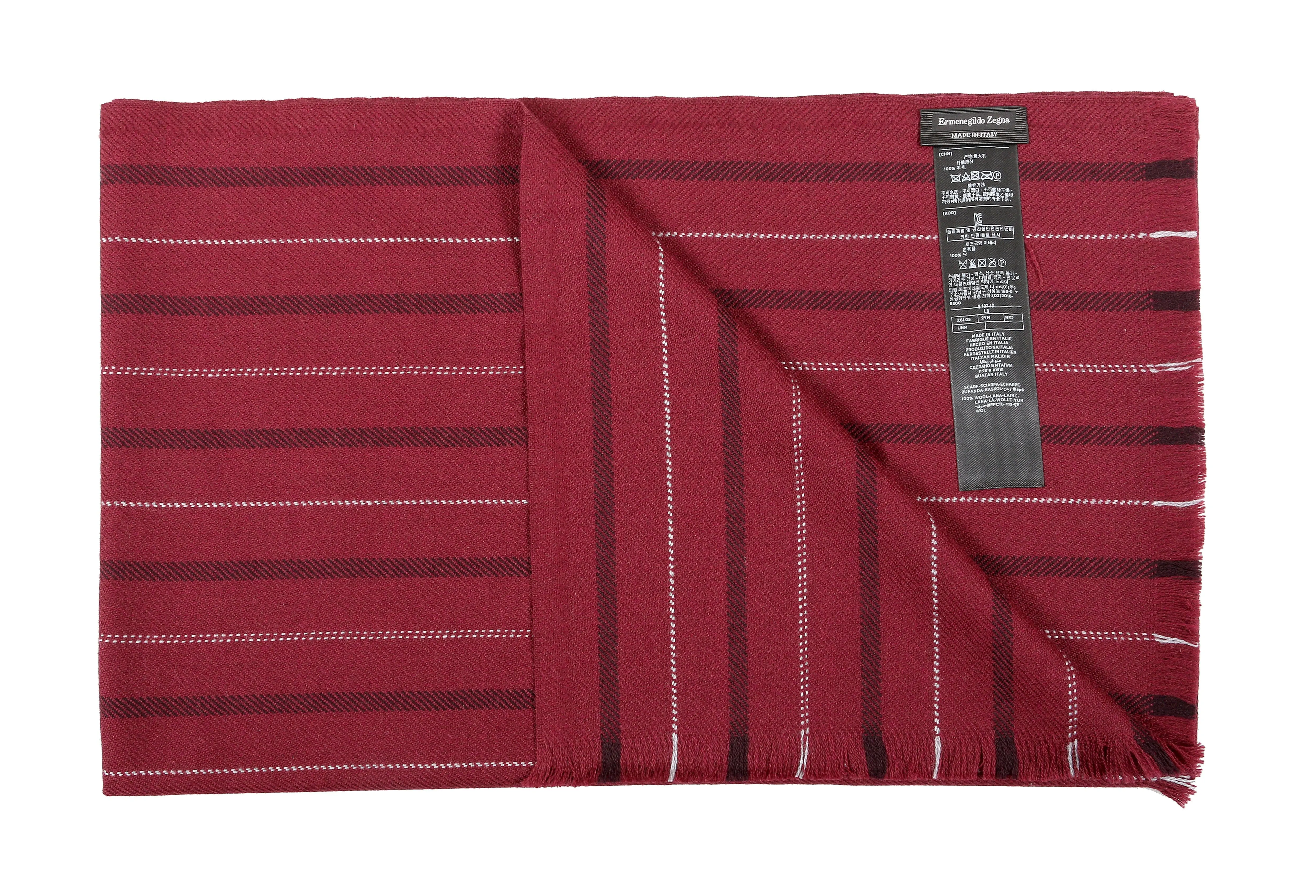 Ermenegildo Zegna Burgundy Fine Stripe Pure Wool Fringe Scarf