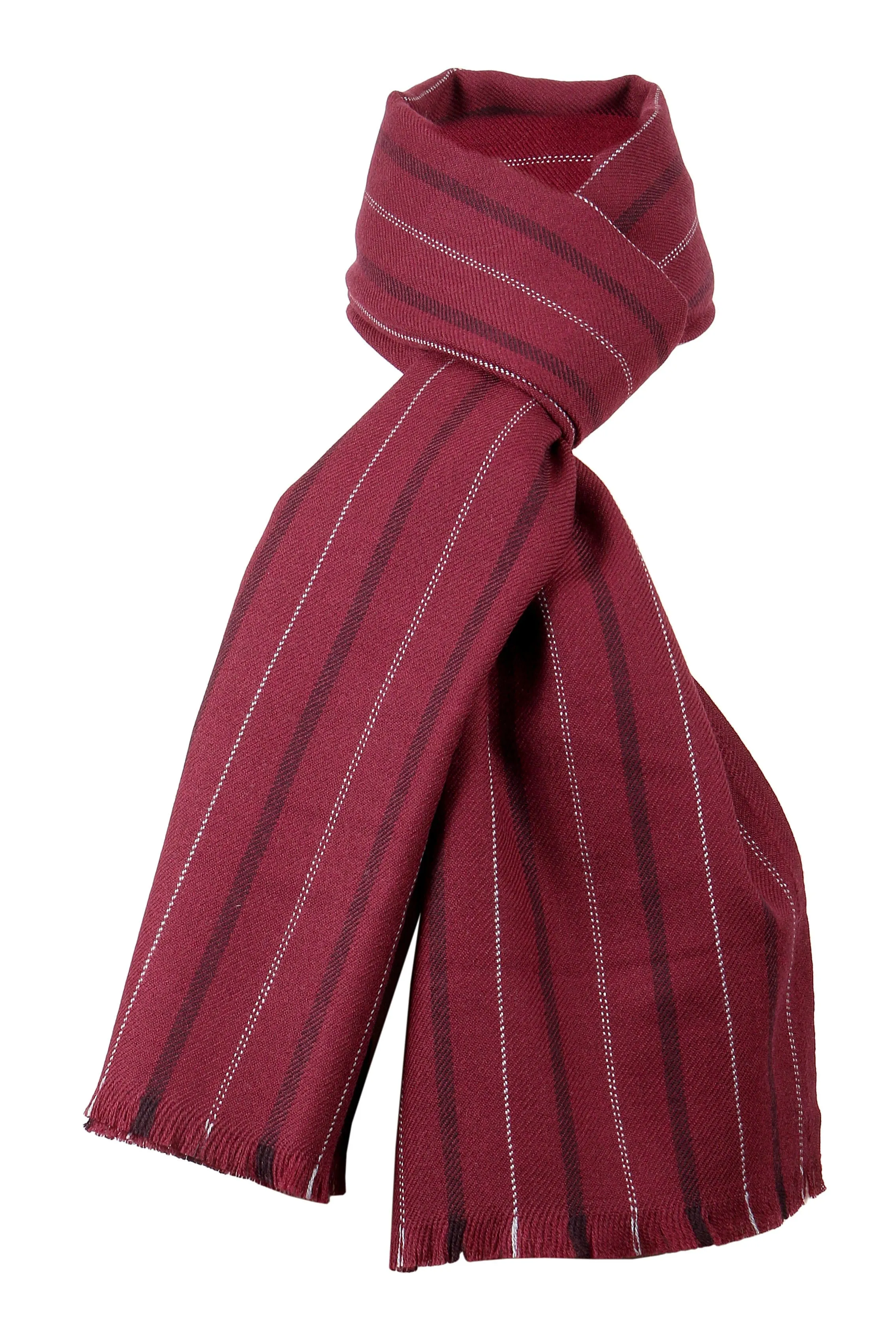 Ermenegildo Zegna Burgundy Fine Stripe Pure Wool Fringe Scarf