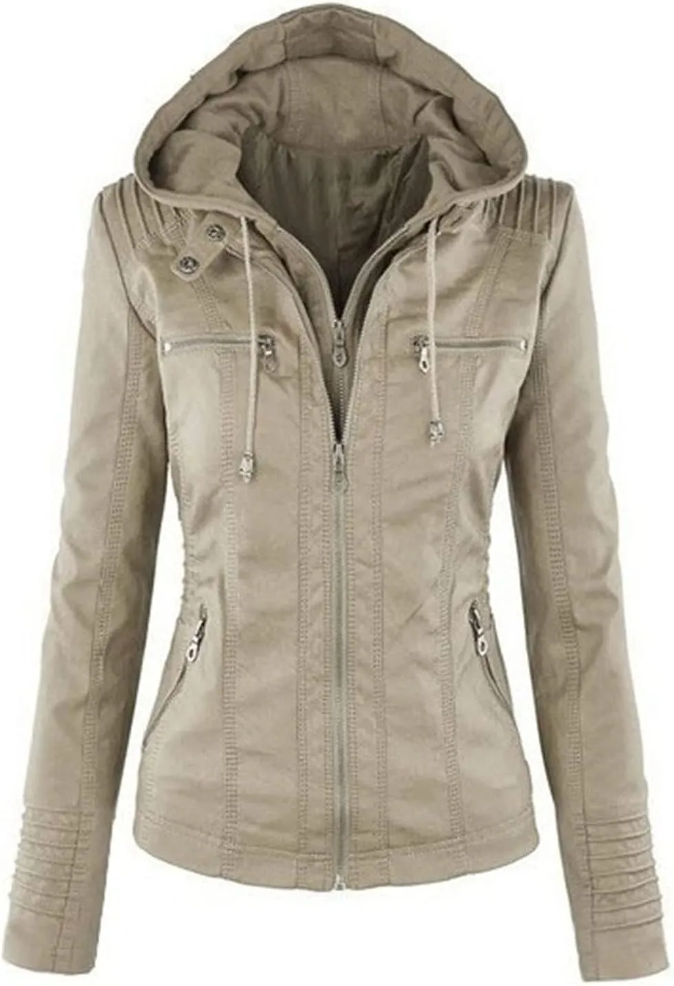 JEsilunmaMY Women's Hooded Leather Jacket Long Sleeve Zip Up Short Biker Coat with Pocket Slim Fit Motorcycle Bomber Outwear