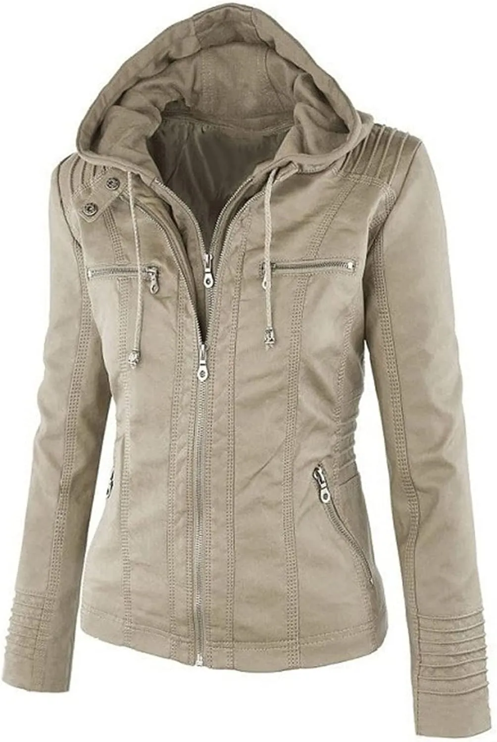 JEsilunmaMY Women's Hooded Leather Jacket Long Sleeve Zip Up Short Biker Coat with Pocket Slim Fit Motorcycle Bomber Outwear