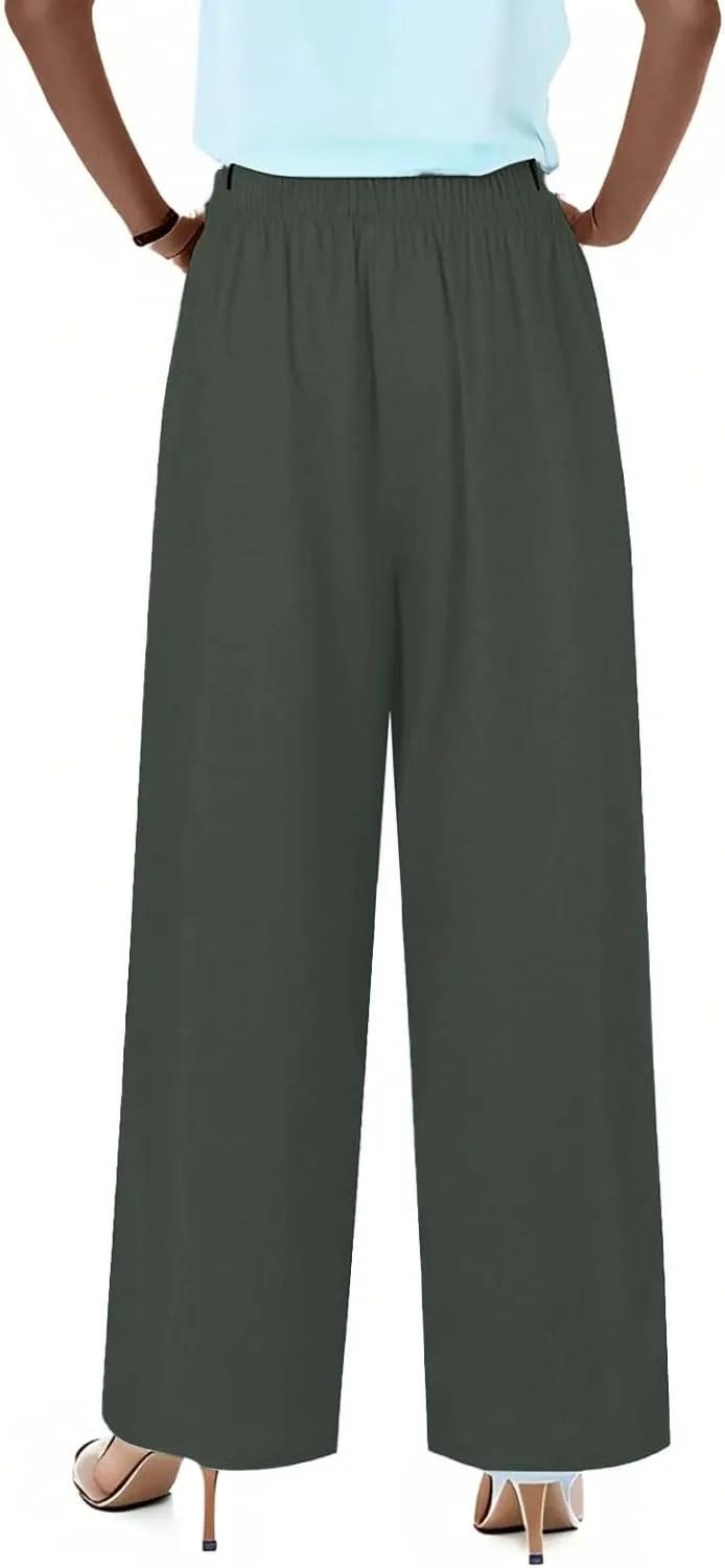 Linen Pants Women Drawstring Elastic Waist Wide Leg Loose Fit Summer Trouser Palazzo Pants Women with Pockets