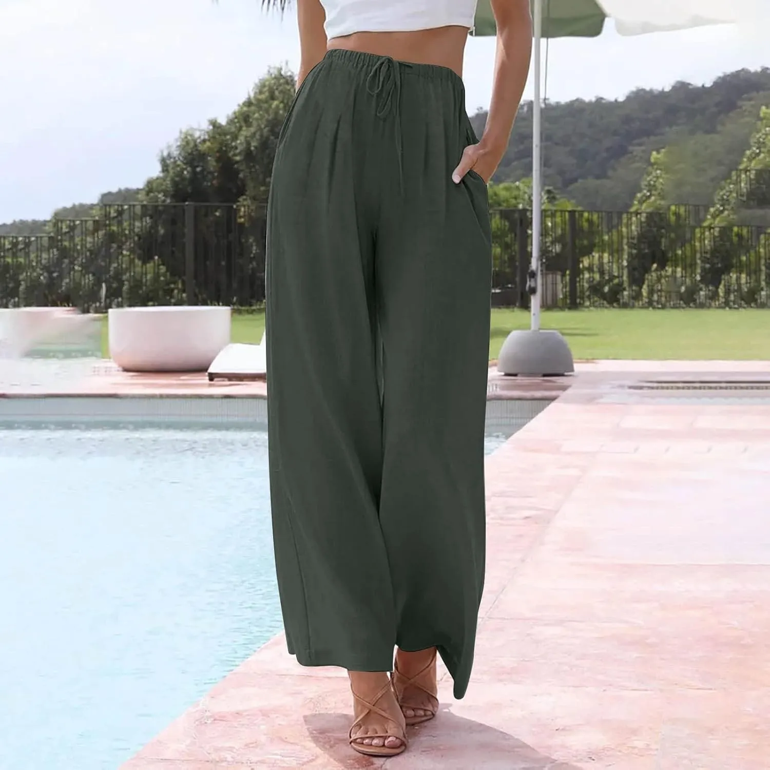 Linen Pants Women Drawstring Elastic Waist Wide Leg Loose Fit Summer Trouser Palazzo Pants Women with Pockets