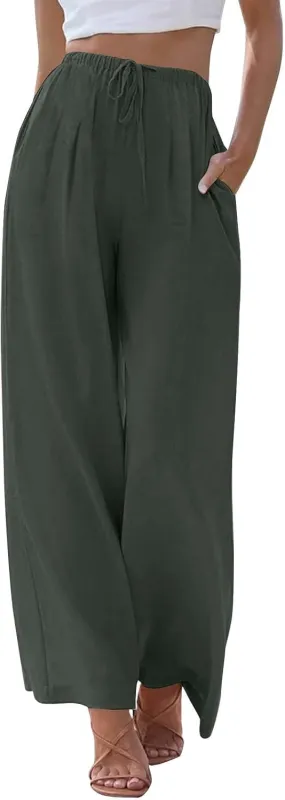 Linen Pants Women Drawstring Elastic Waist Wide Leg Loose Fit Summer Trouser Palazzo Pants Women with Pockets