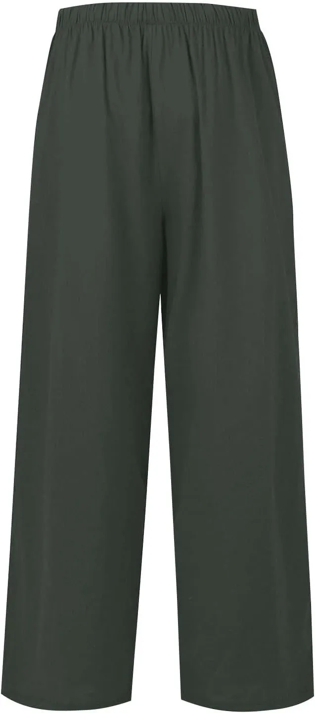 Linen Pants Women Drawstring Elastic Waist Wide Leg Loose Fit Summer Trouser Palazzo Pants Women with Pockets
