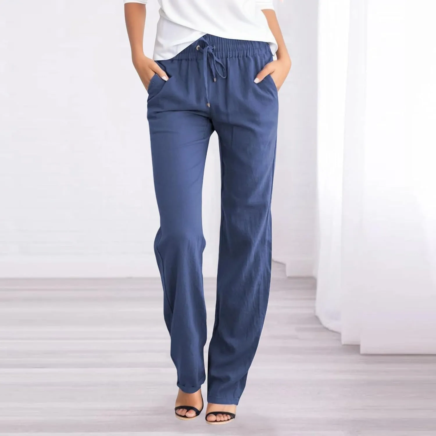 Linen Pants Women, Womens Casual Linen Pants Straight Leg Drawstring Elastic High Waisted Loose Comfy Trousers with Pockets