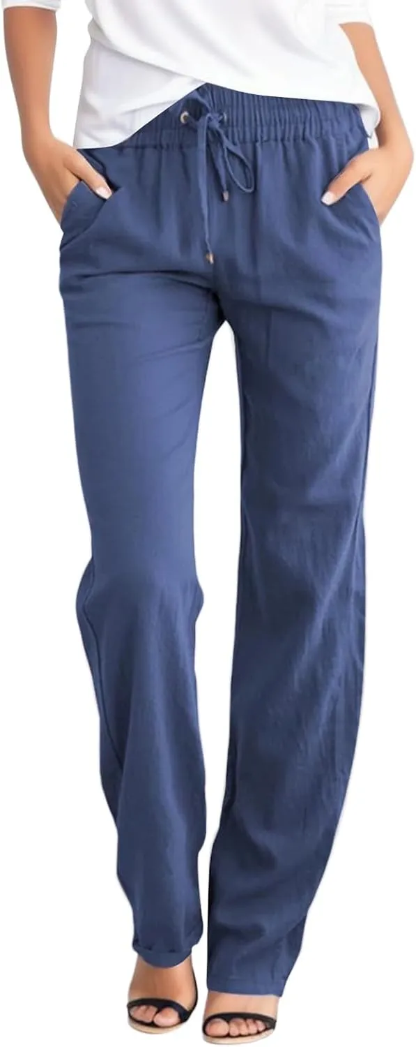 Linen Pants Women, Womens Casual Linen Pants Straight Leg Drawstring Elastic High Waisted Loose Comfy Trousers with Pockets