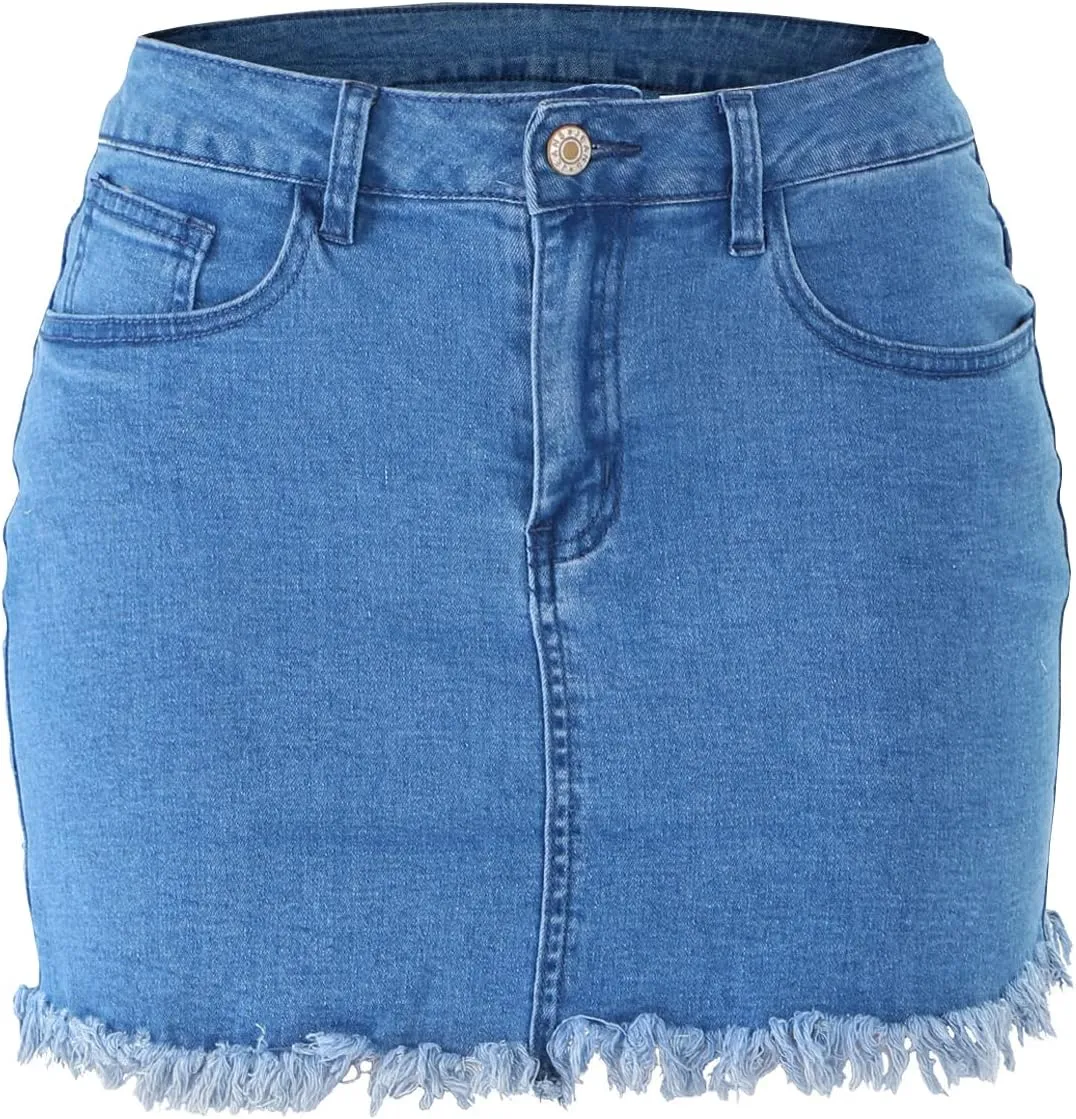 LONGYIDA Women's Casual Short Denim Skirt Y2K Stretchy Jean Skirt Washed Frayed A-Line Denim Jean Short Skirt