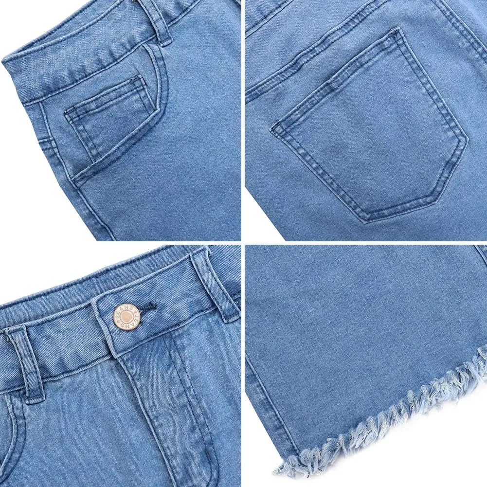 LONGYIDA Women's Casual Short Denim Skirt Y2K Stretchy Jean Skirt Washed Frayed A-Line Denim Jean Short Skirt