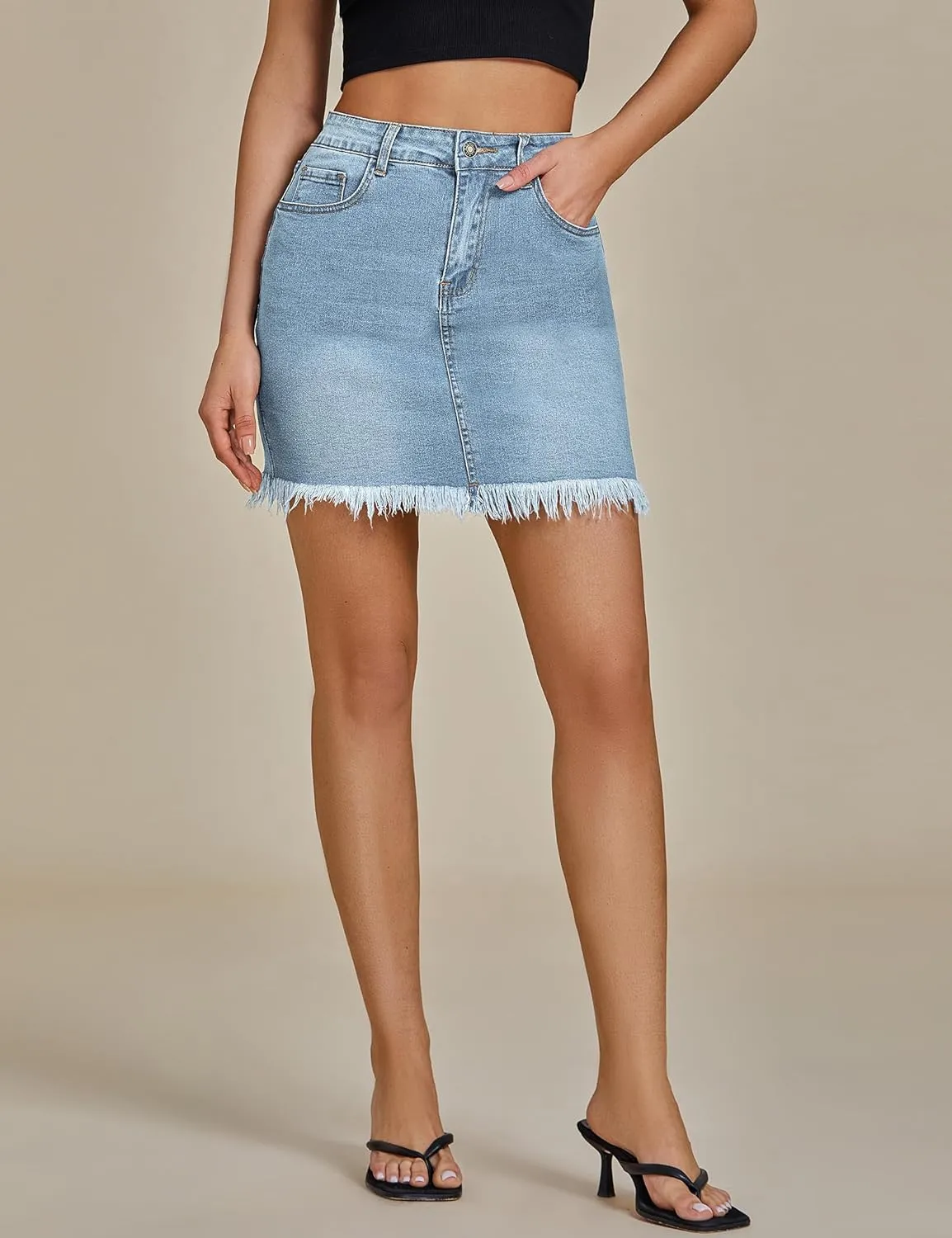 luvamia Women's Casual Mid Waisted Washed Frayed Pockets Denim Jean Short Skirt