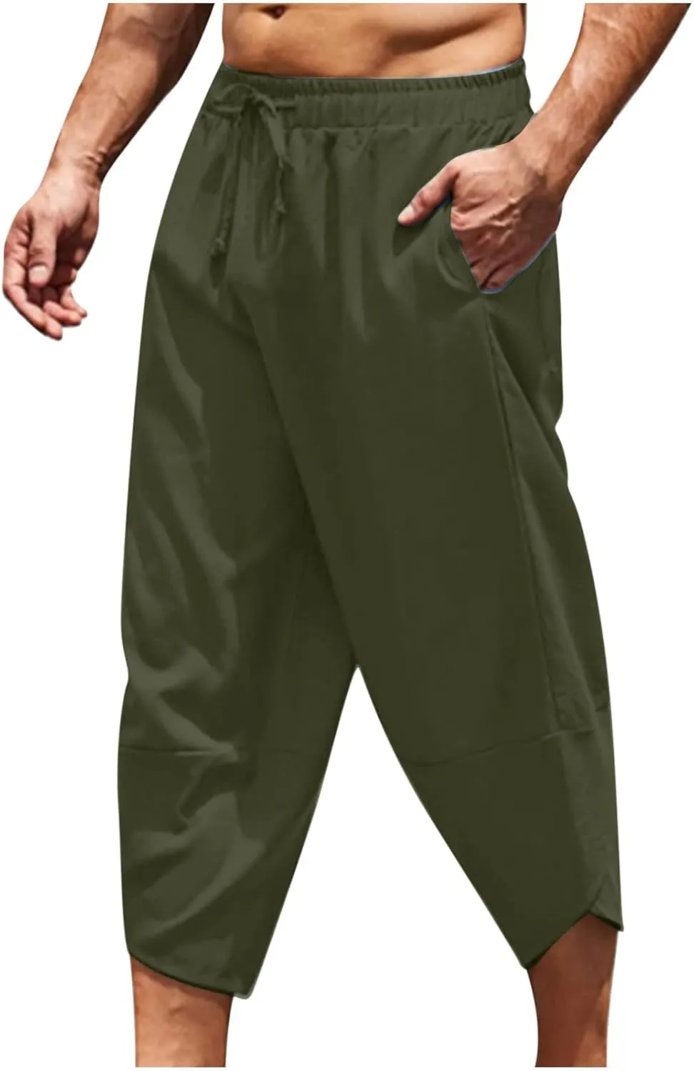 Mens Capris Shorts Cut Out Hem Lounge Short Pants Solid Color Pure Drawstring Linen Crop Pant with Pockets