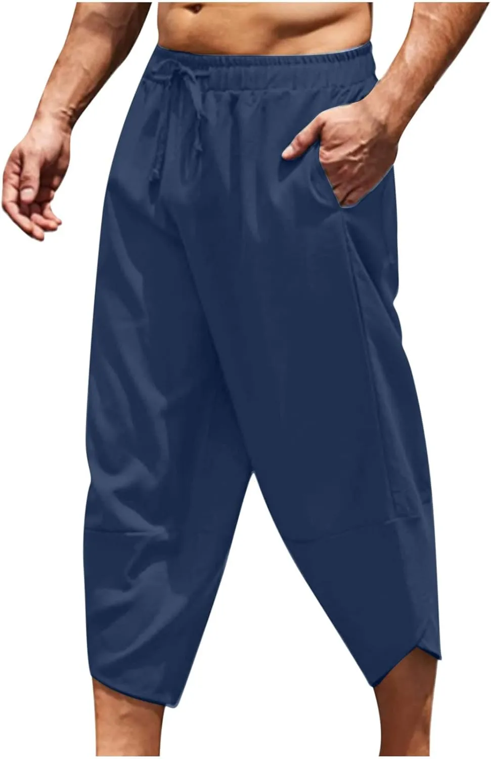 Mens Capris Shorts Cut Out Hem Lounge Short Pants Solid Color Pure Drawstring Linen Crop Pant with Pockets