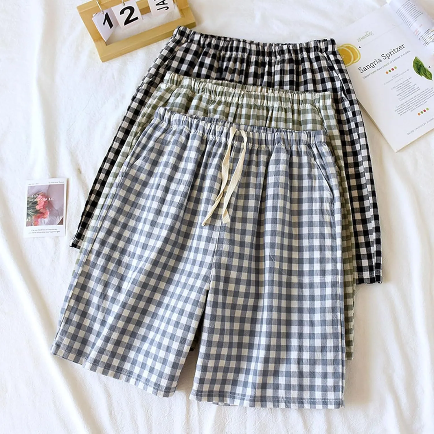 Mens Pajama Shorts Plaid Cotton Sleep Shorts Soft Comfy Lounge Sleepwear Pants Elastic Waistband Beach Shorts
