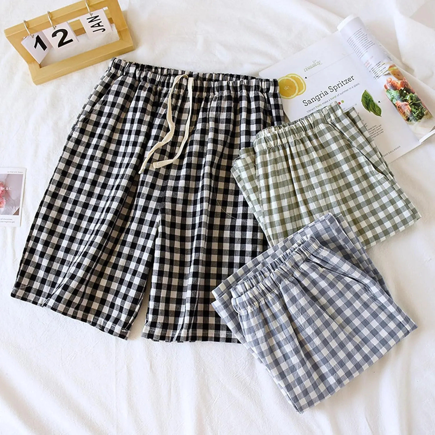Mens Pajama Shorts Plaid Cotton Sleep Shorts Soft Comfy Lounge Sleepwear Pants Elastic Waistband Beach Shorts