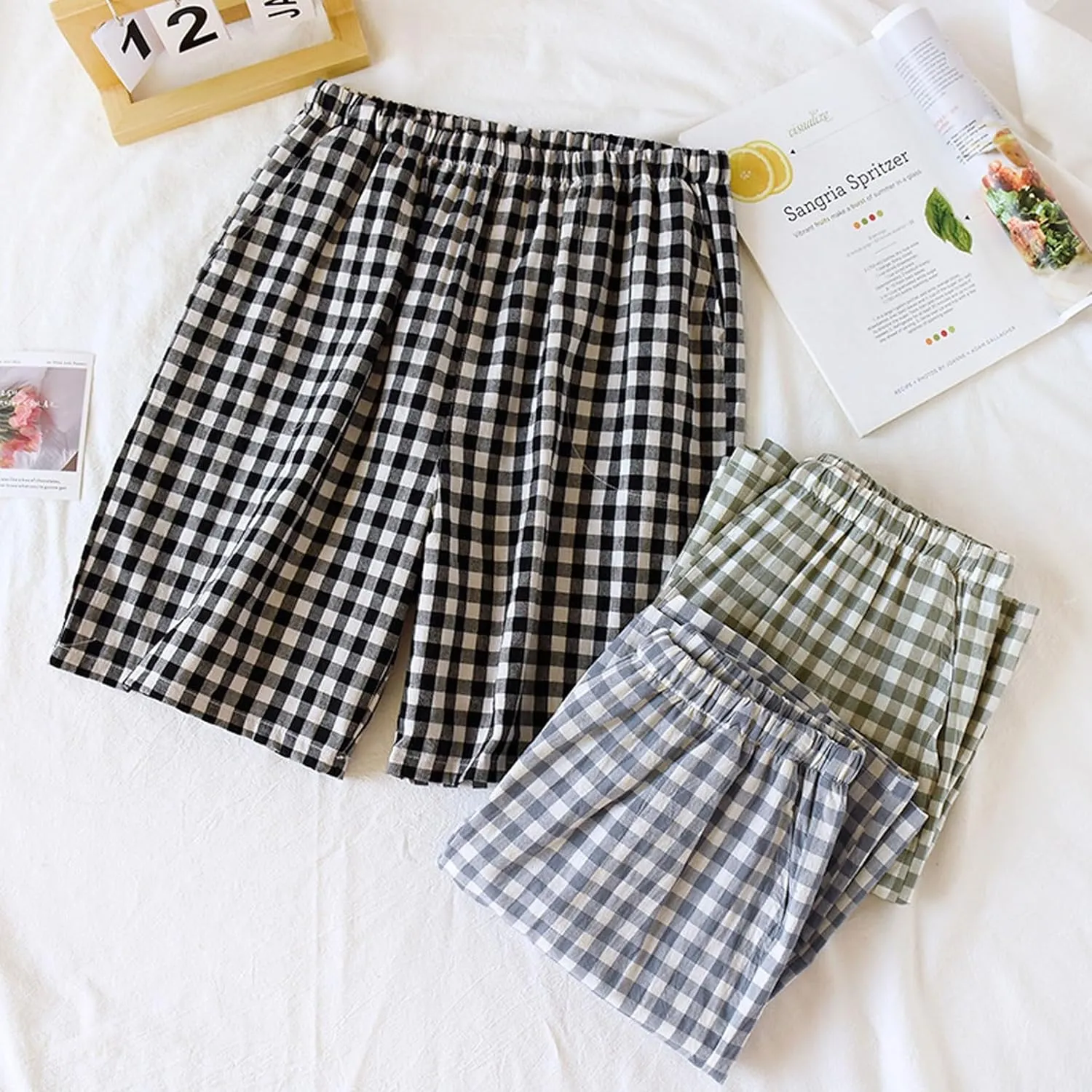 Mens Pajama Shorts Plaid Cotton Sleep Shorts Soft Comfy Lounge Sleepwear Pants Elastic Waistband Beach Shorts